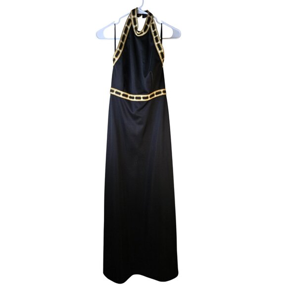 Vintage NOS Nadine 60s 70s Black Halter Maxi With Gold Chain Trim Cleopatra S - Picture 10 of 11